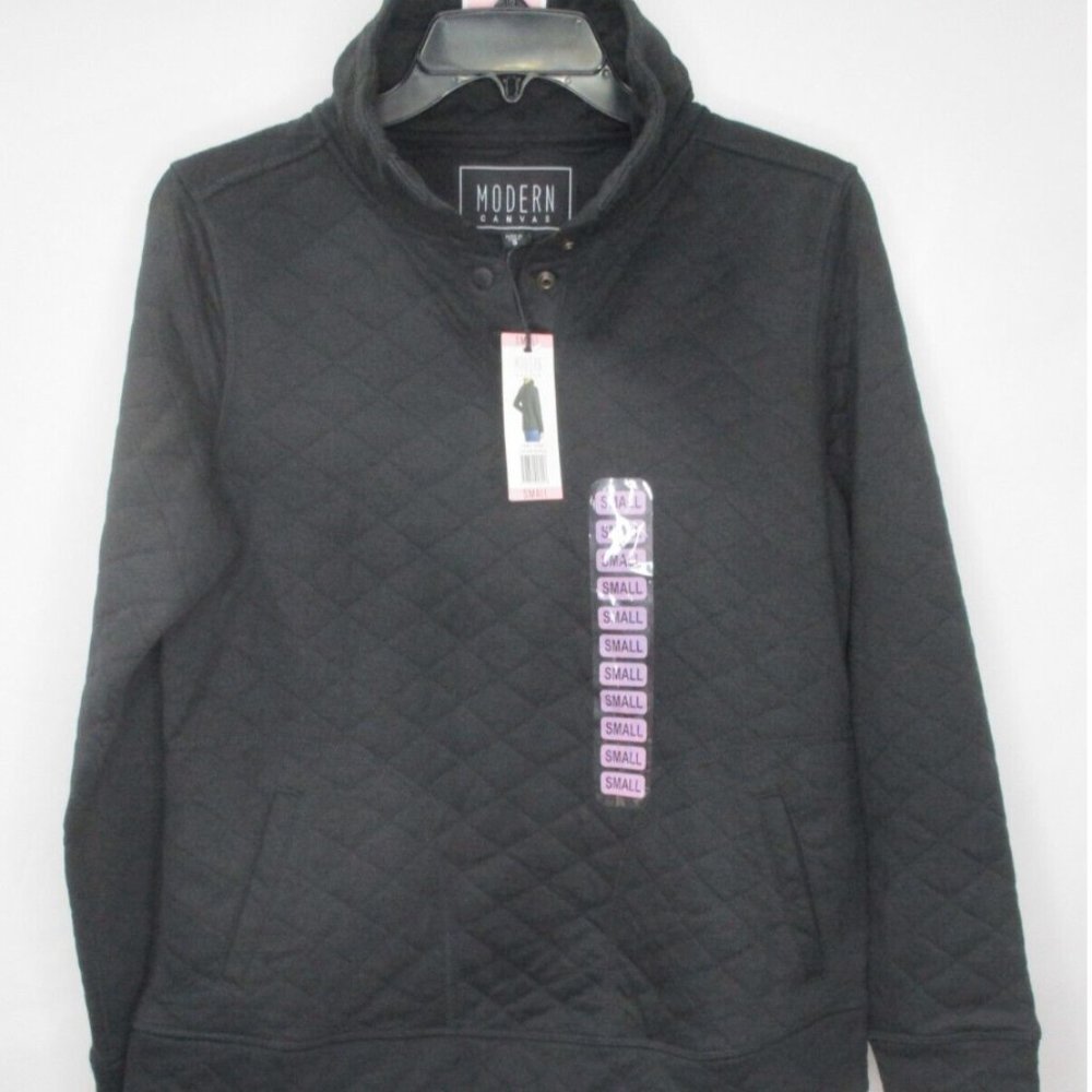 Modern Canvas Womens Sweatshirt Small Black Snap Henley Polyester Blend